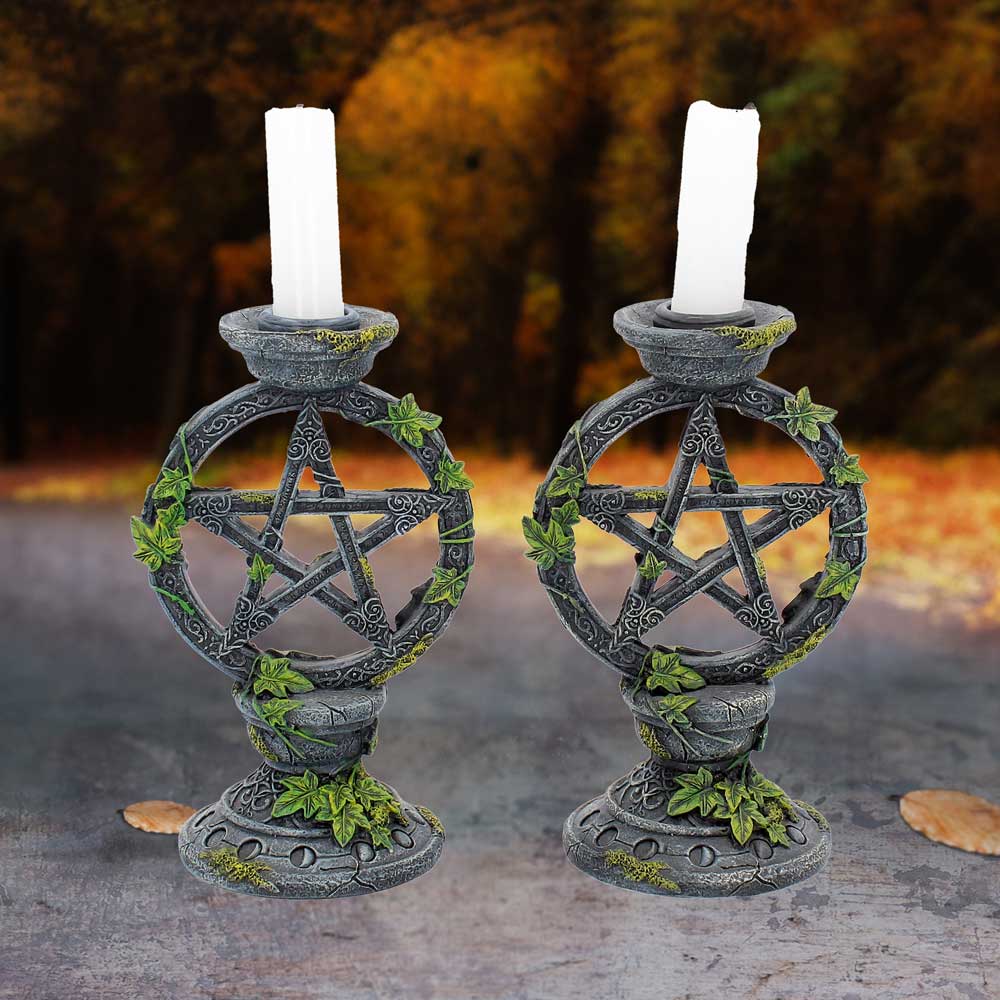 Set of 2 Wiccan Pentagram Candlesticks Witch Candle Holders 15cm