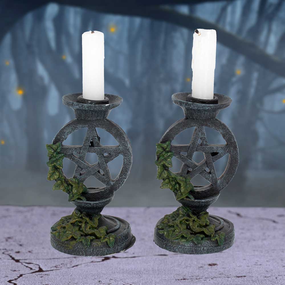 Pair of Aged Ivy Pentagram Candlesticks Gothic Candle Holders 13.4cm