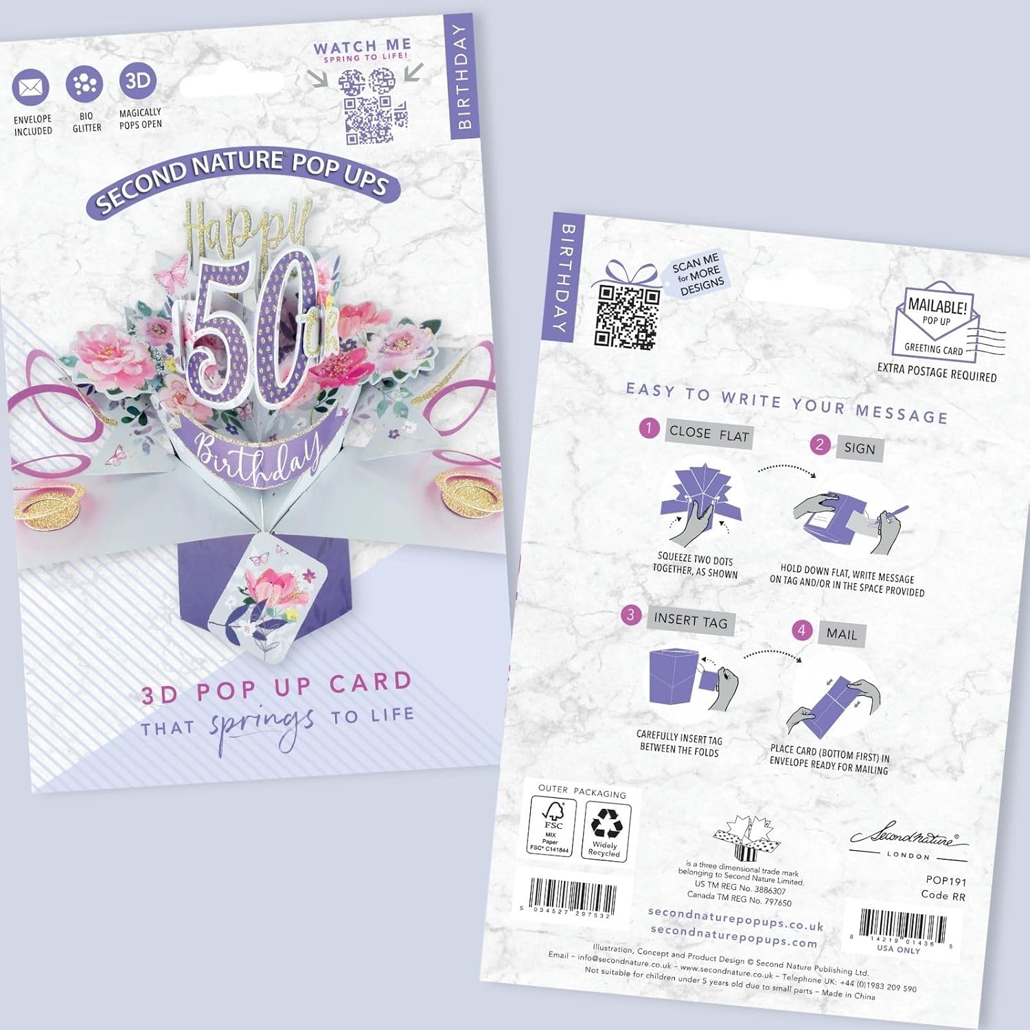 Second Nature 50th Birthday Flowers Pop Up Greeting Card