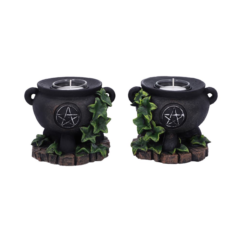 Set of Two Ivy Cauldron Witches Candle Holders 11cm