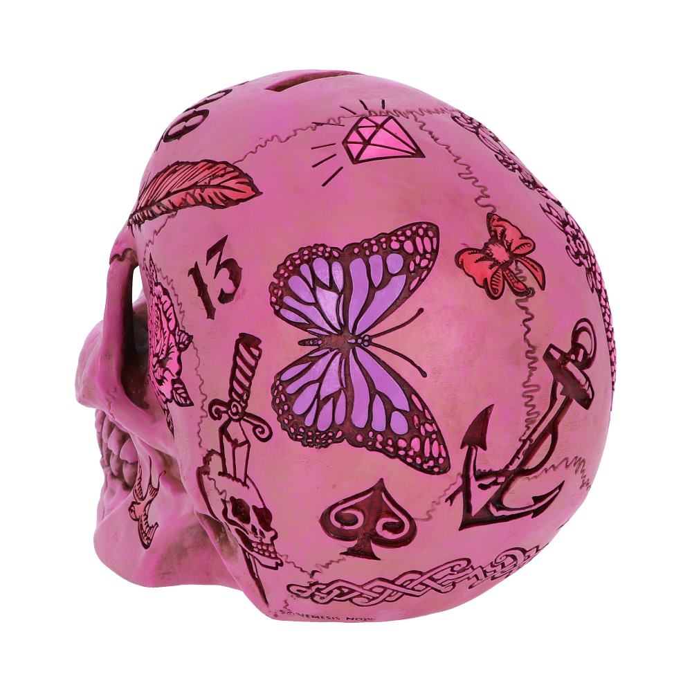 Pink Traditional Tribal Tattoo Fund Skull Money Box