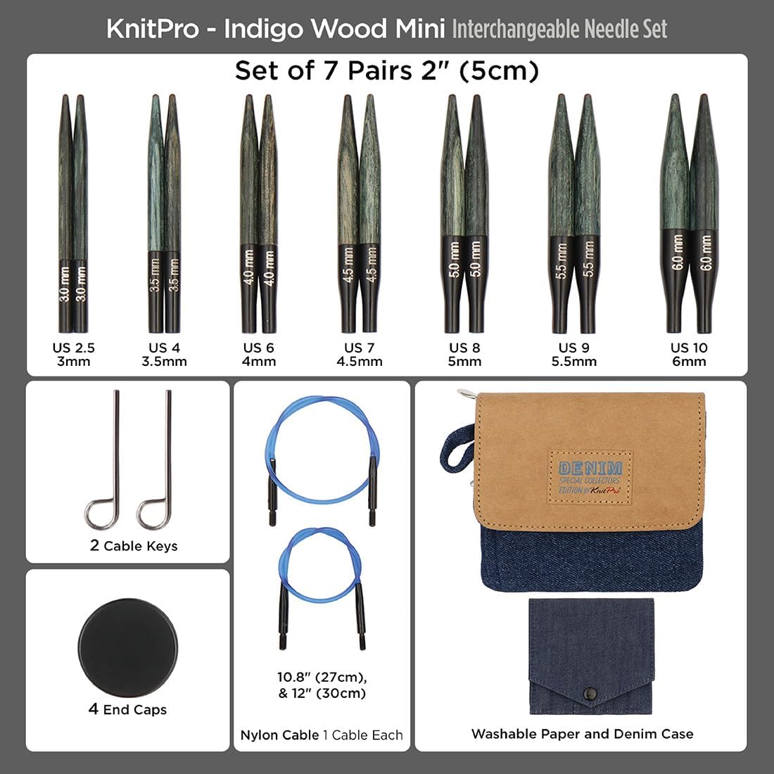KnitPro Indigo Wood Mini Interchangeable Needle Set